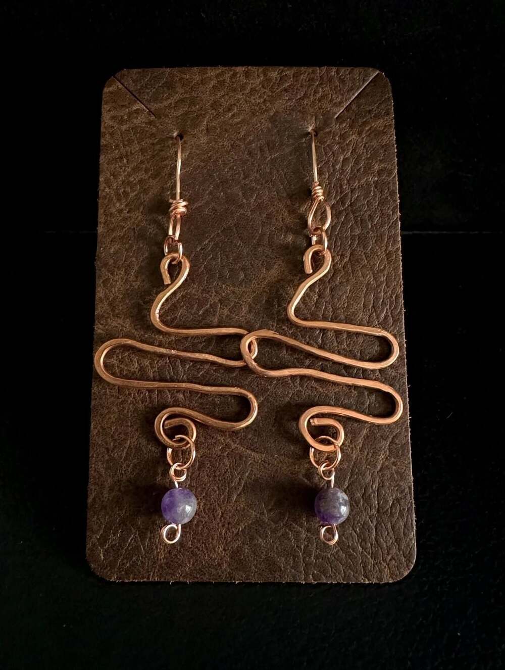 Handmade Copper Wire Wrapped Scroll Dangle Earrings with Amethyst Beads